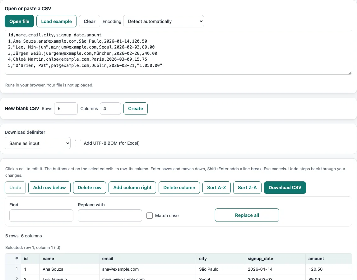 Csv editor example