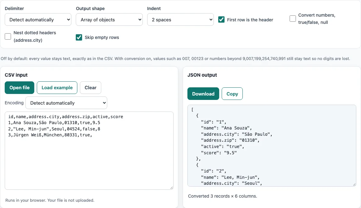 Csv to json example