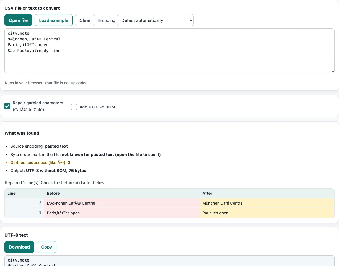 Csv to utf 8 example