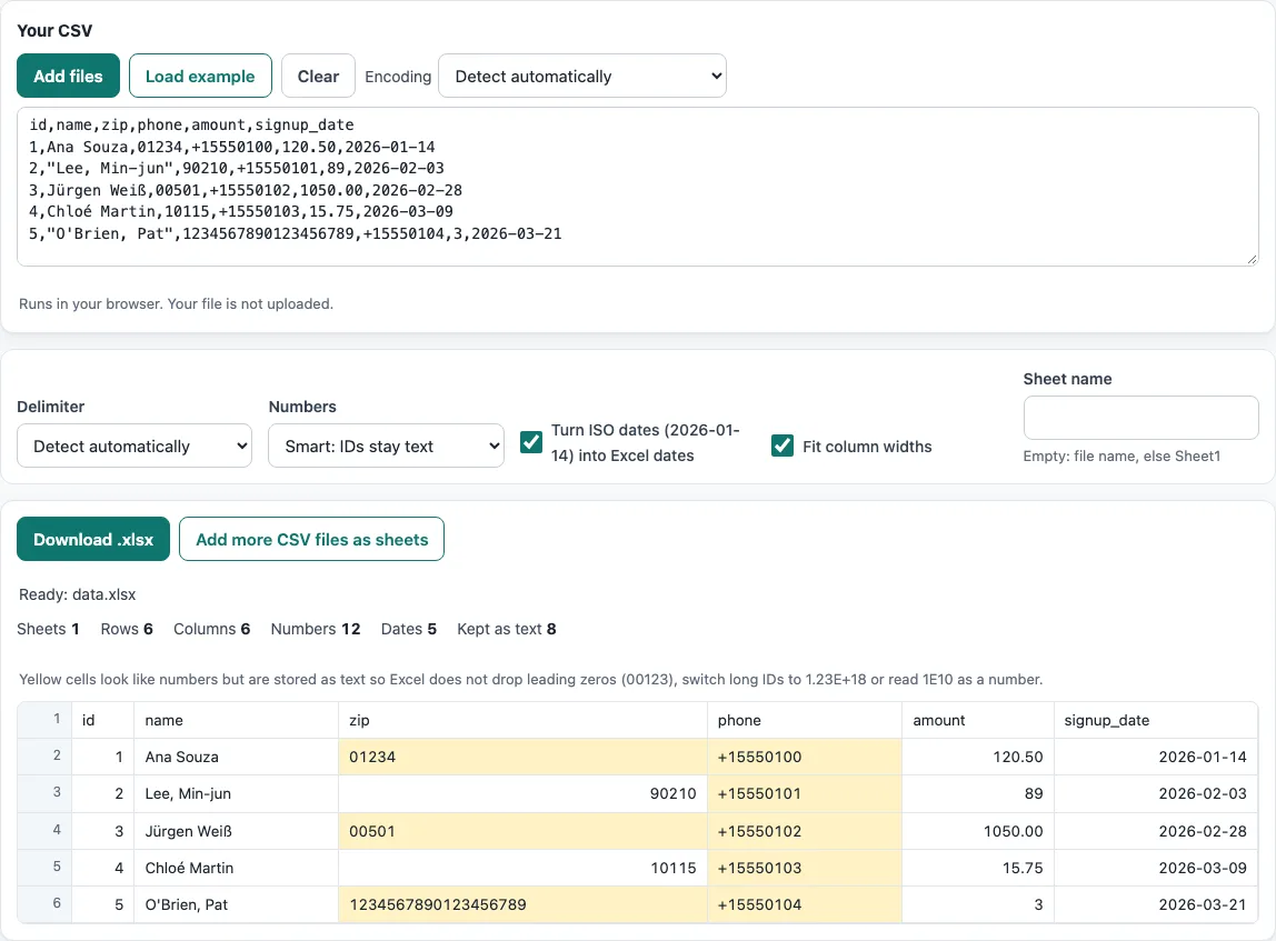 Csv to xlsx example