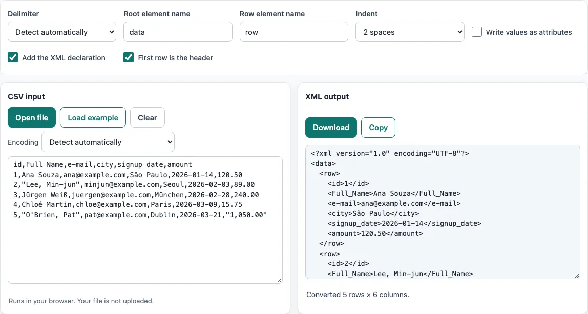 Csv to xml example