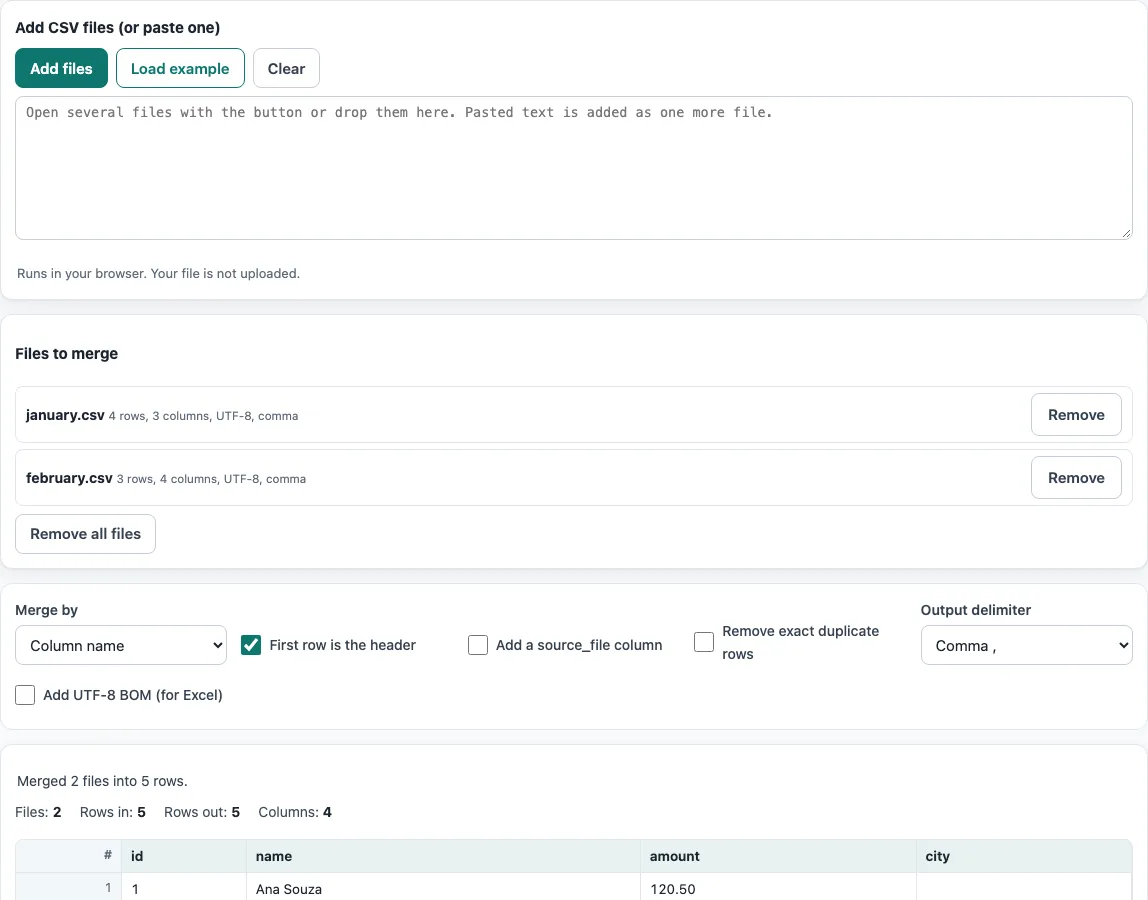 Merge csv files example