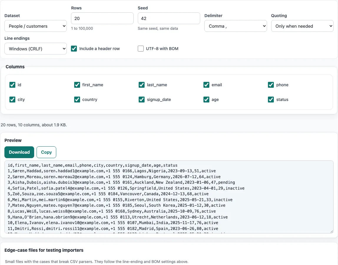 Csv file sample example