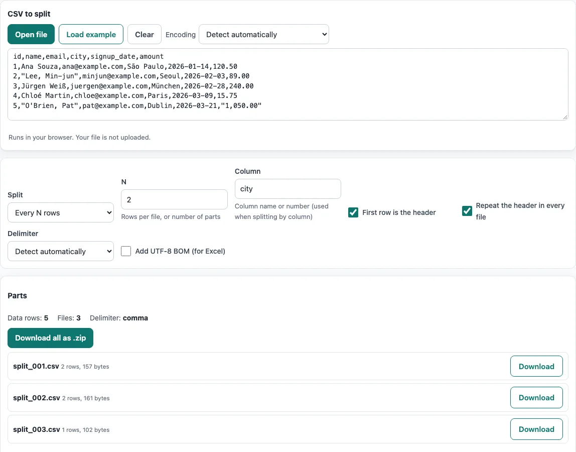 Split csv example