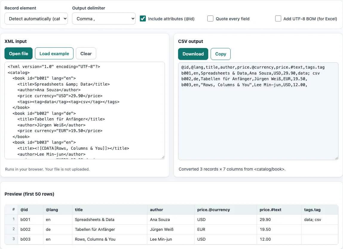 Xml to csv example